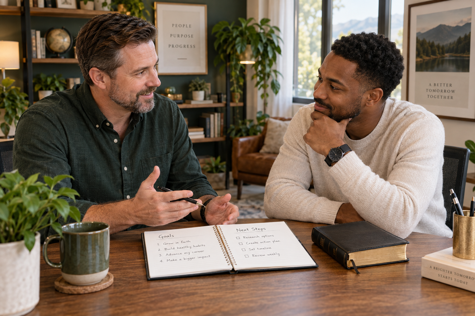 A coach and client discussing goals and next steps at a table with a Bible nearby.