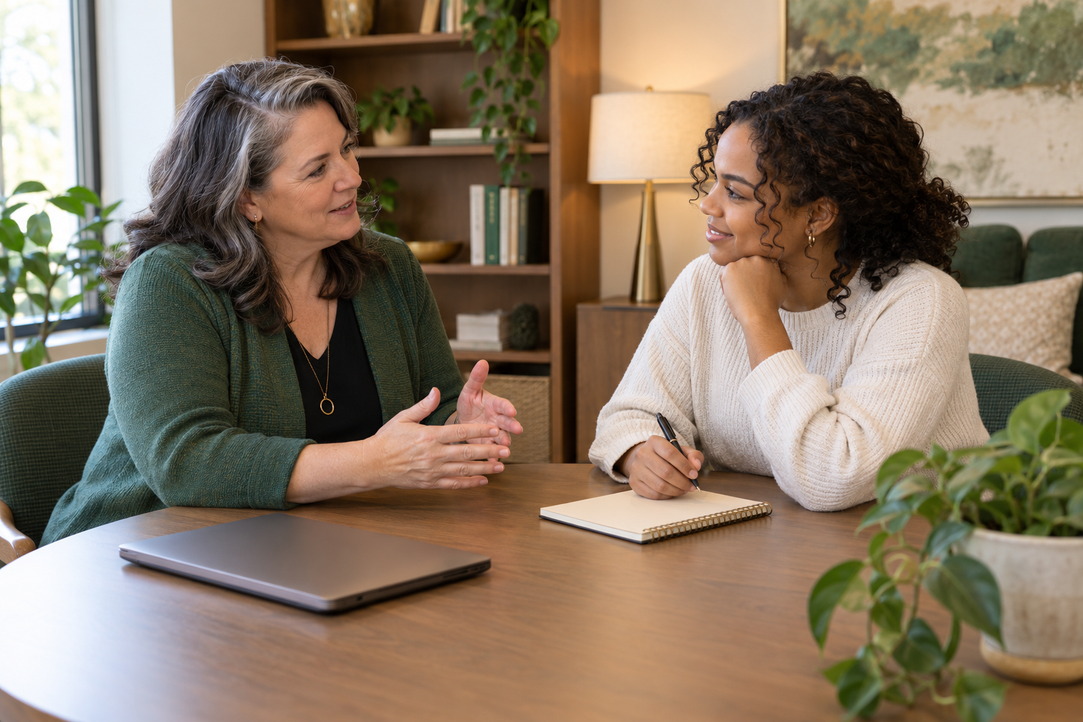 A clinical supervisor and social work intern meeting in a professional office.