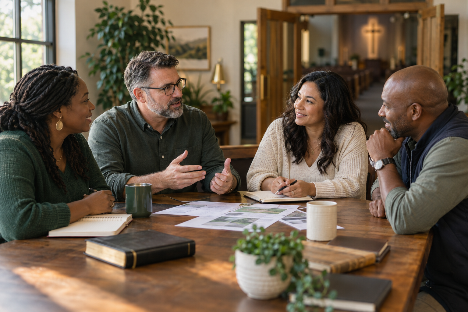 A consultant collaborating with church and ministry leaders around a table.