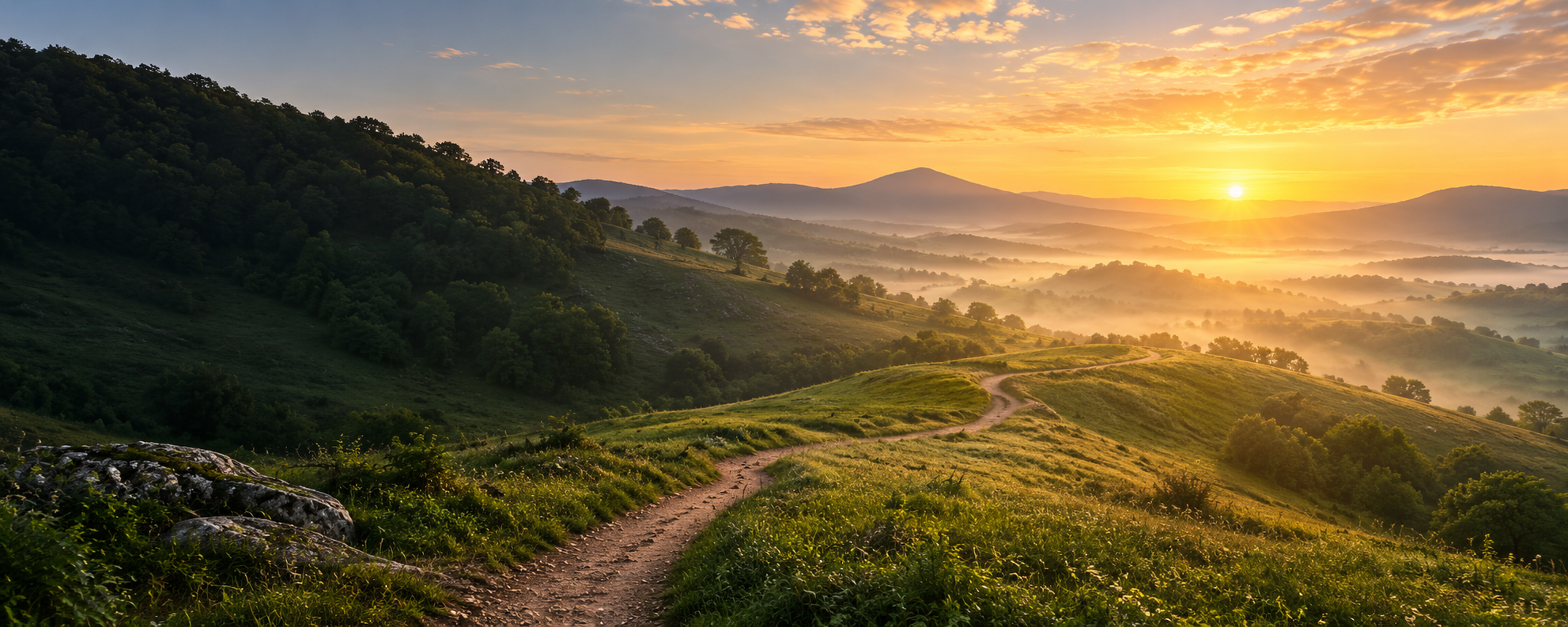 A winding path through green hills toward a warm sunrise