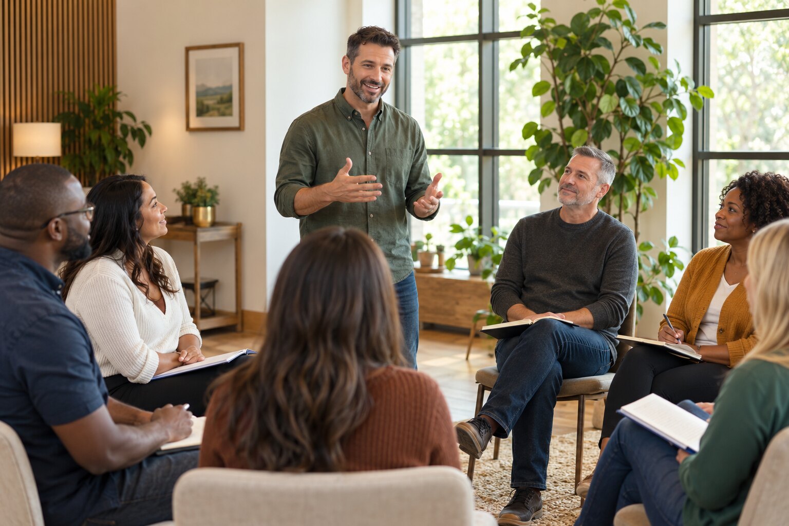 A professional facilitator leading an engaging workshop with a diverse group of adults.